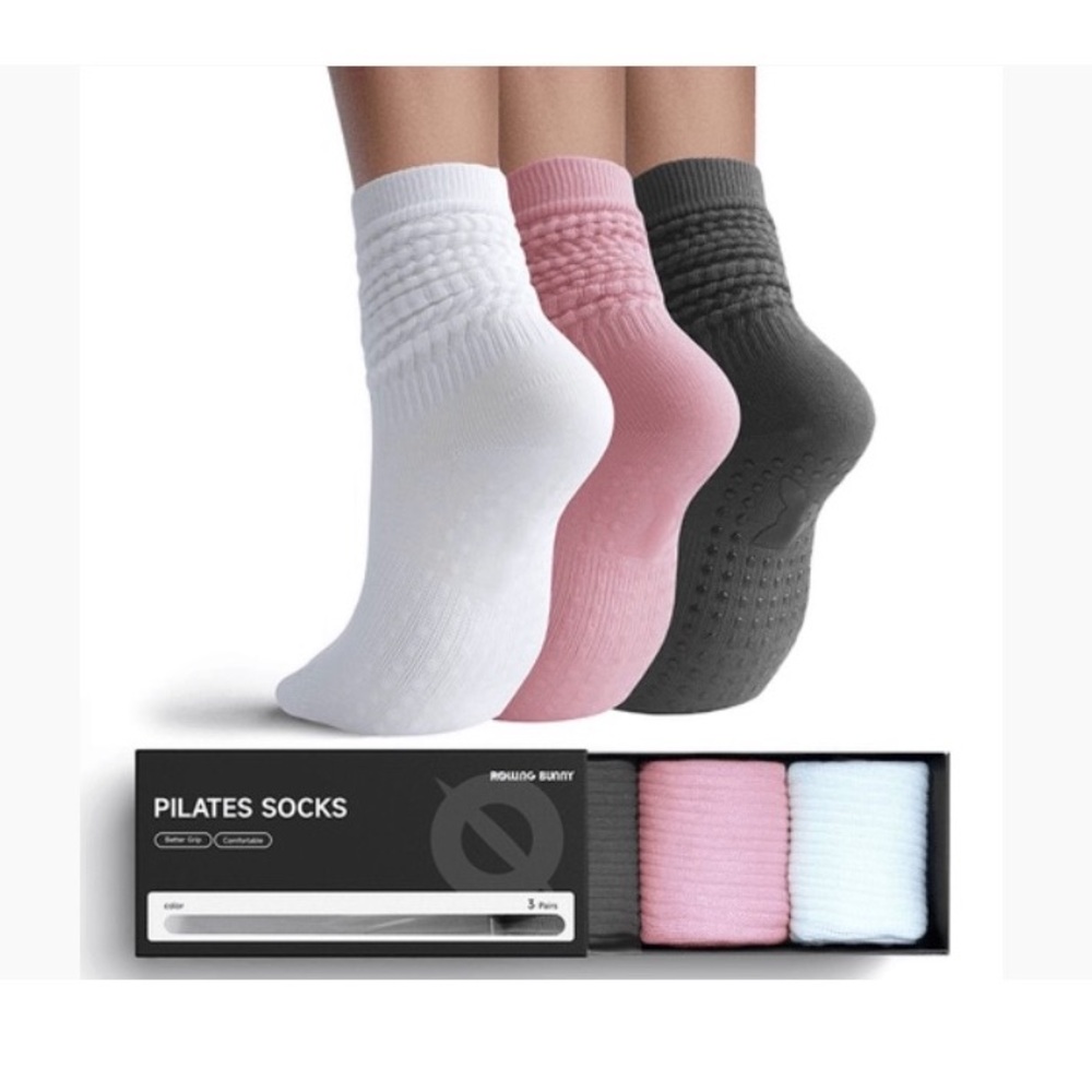 Rolling Bunny Pilates Socks, Barre Yoga Socks 3 Pairs Premium Cotton-Blend Socks
